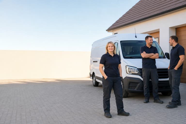 A cleaning business owner with two colleagues beside their van
